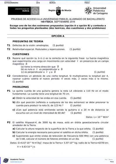 Vista previa de Examen PAU de Física de Región de Murcia 2016 – Extraordinaria