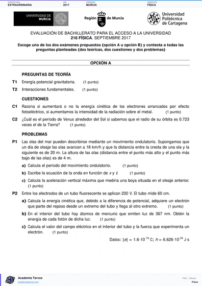 Vista previa de Examen PAU de Física de Región de Murcia 2017 – Extraordinaria