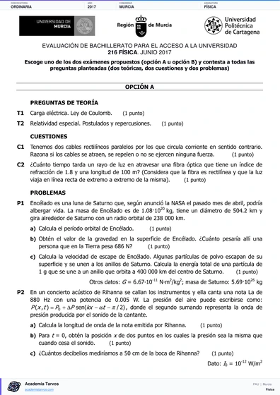 Vista previa de Examen PAU de Física de Región de Murcia 2017 – Ordinaria