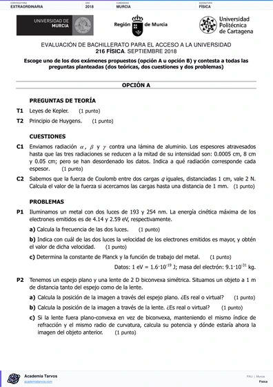 Vista previa de Examen PAU de Física de Región de Murcia 2018 – Extraordinaria