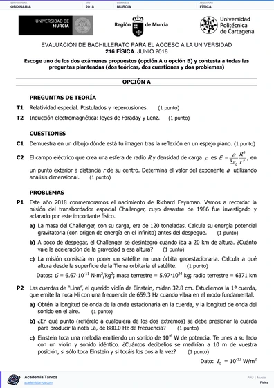 Vista previa de Examen PAU de Física de Región de Murcia 2018 – Ordinaria
