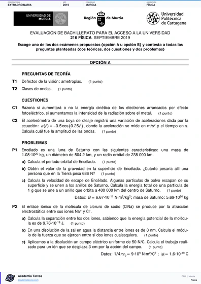 Vista previa de Examen PAU de Física de Región de Murcia 2019 – Extraordinaria