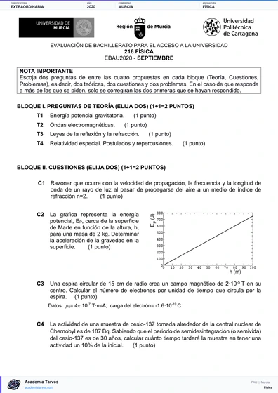 Vista previa de Examen PAU de Física de Región de Murcia 2020 – Extraordinaria