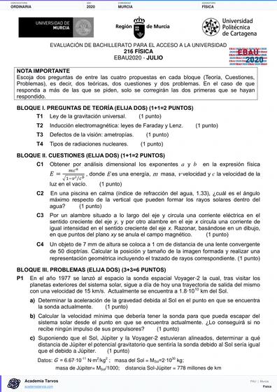 Vista previa de Examen PAU de Física de Región de Murcia 2020 – Ordinaria