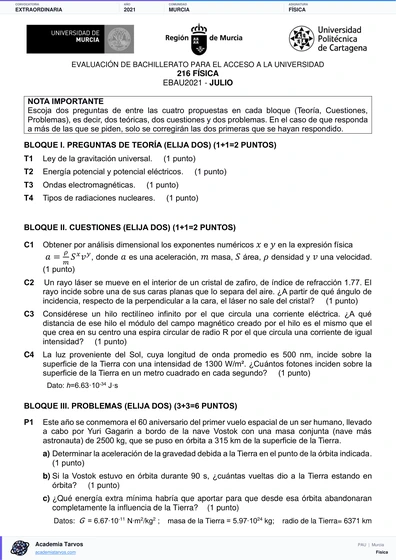 Vista previa de Examen PAU de Física de Región de Murcia 2021 – Extraordinaria