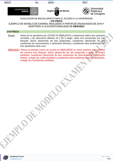 Vista previa de Modelo PAU de Física de Región de Murcia 2021