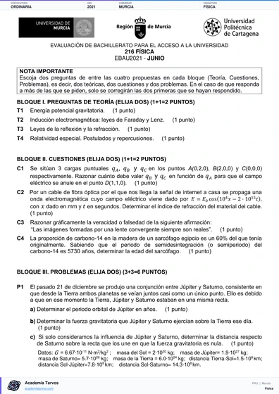 Vista previa de Examen PAU de Física de Región de Murcia 2021 – Ordinaria