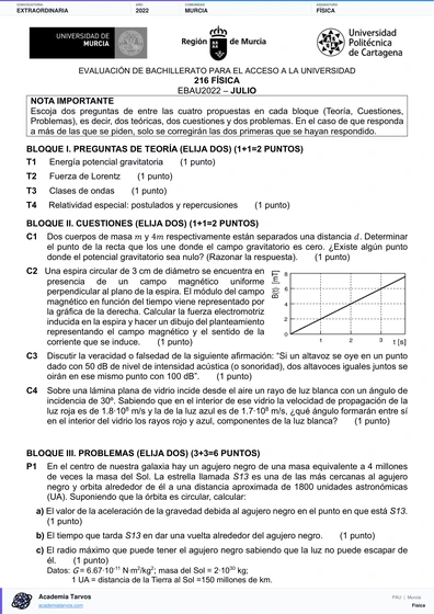 Vista previa de Examen PAU de Física de Región de Murcia 2022 – Extraordinaria