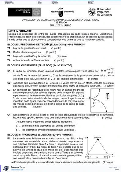 Vista previa de Examen PAU de Física de Región de Murcia 2022 – Ordinaria