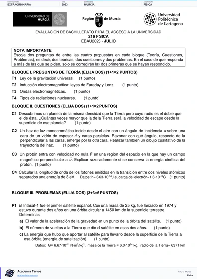 Vista previa de Examen PAU de Física de Región de Murcia 2023 – Extraordinaria
