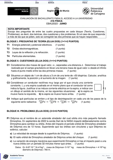 Vista previa de Examen PAU de Física de Región de Murcia 2023 – Ordinaria