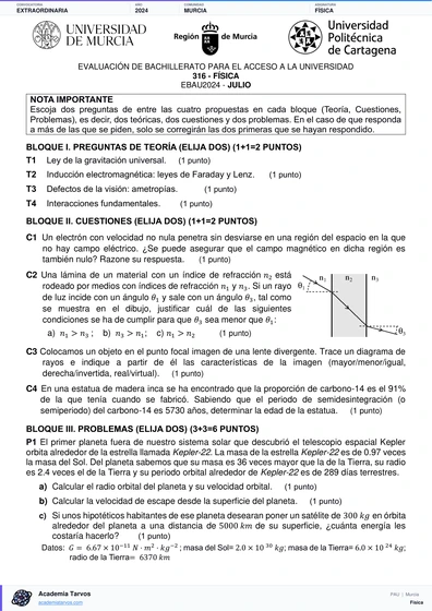 Vista previa de Examen PAU de Física de Región de Murcia 2024 – Extraordinaria