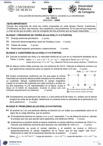 Vista previa de Examen PAU de Física de Región de Murcia 2024 – Ordinaria