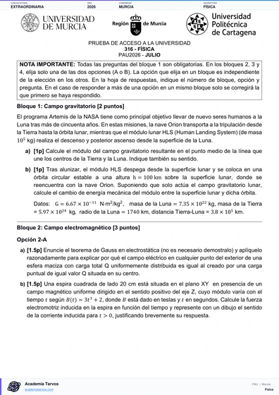 Vista previa de Examen PAU de Física de Región de Murcia 2026 – Extraordinaria