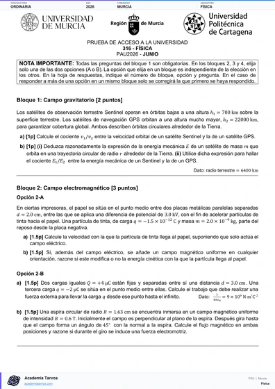 Vista previa de Examen PAU de Física de Región de Murcia 2026 – Ordinaria