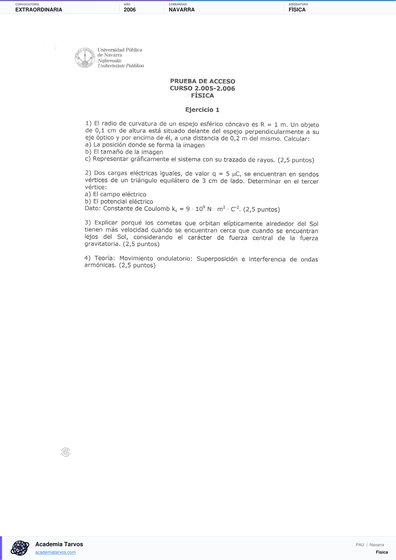 Vista previa de Examen PAU de Física de Navarra 2006 – Extraordinaria
