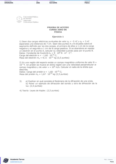 Vista previa de Examen PAU de Física de Navarra 2006 – Ordinaria