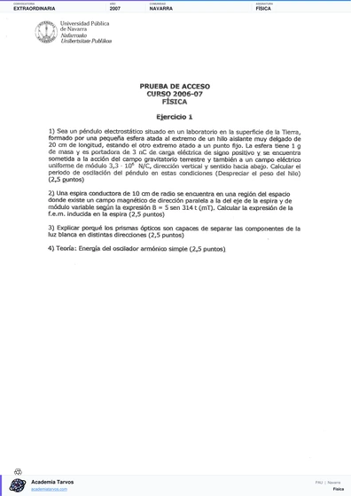 Vista previa de Examen PAU de Física de Navarra 2007 – Extraordinaria