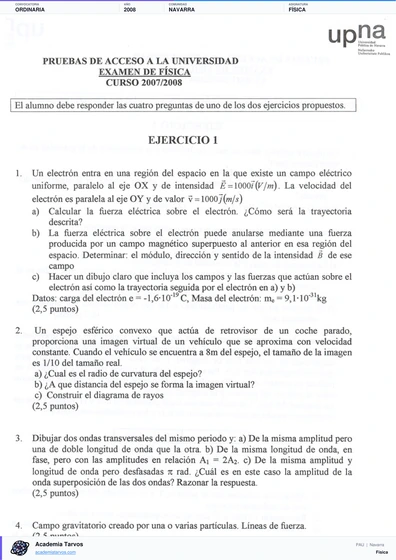 Vista previa de Examen PAU de Física de Navarra 2008 – Ordinaria
