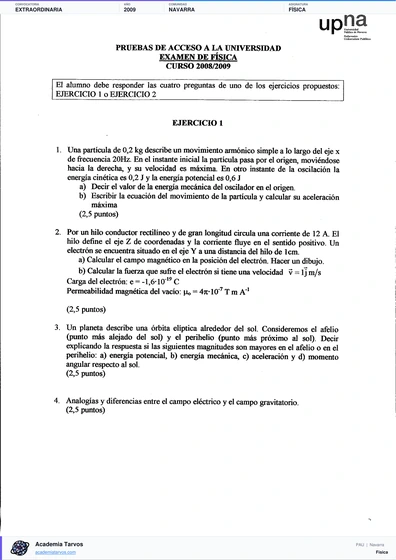Vista previa de Examen PAU de Física de Navarra 2009 – Extraordinaria