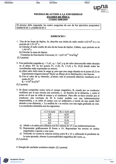 Vista previa de Examen PAU de Física de Navarra 2009 – Ordinaria