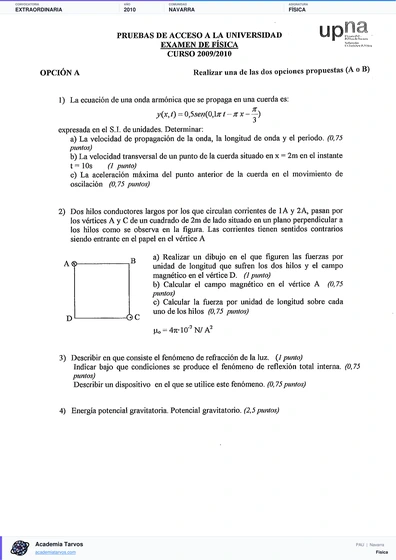 Vista previa de Examen PAU de Física de Navarra 2010 – Extraordinaria