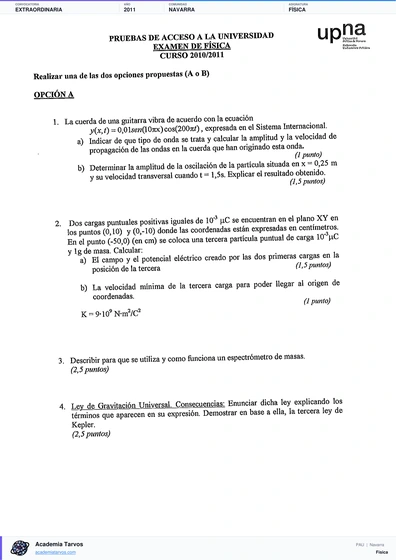 Vista previa de Examen PAU de Física de Navarra 2011 – Extraordinaria