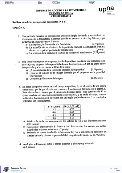 Vista previa de Examen PAU de Física de Navarra 2011 – Ordinaria