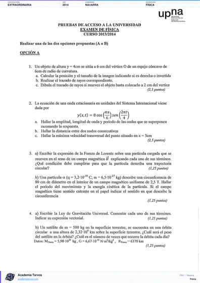Vista previa de Examen PAU de Física de Navarra 2014 – Extraordinaria