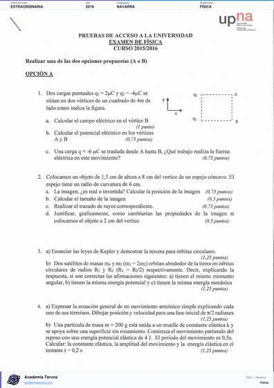 Vista previa de Examen PAU de Física de Navarra 2016 – Extraordinaria