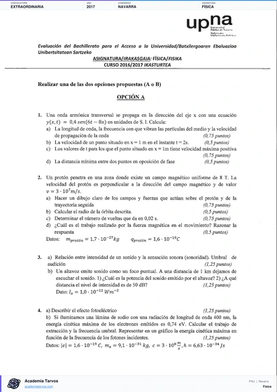 Vista previa de Examen PAU de Física de Navarra 2017 – Extraordinaria