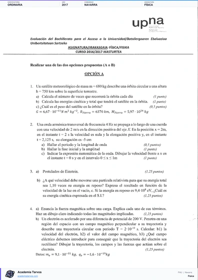Vista previa de Examen PAU de Física de Navarra 2017 – Ordinaria