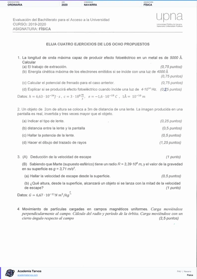 Vista previa de Examen PAU de Física de Navarra 2020 – Ordinaria