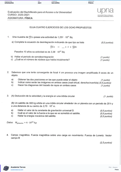 Vista previa de Examen PAU de Física de Navarra 2021 – Ordinaria