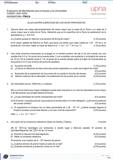 Vista previa de Examen PAU de Física de Navarra 2022 – Extraordinaria
