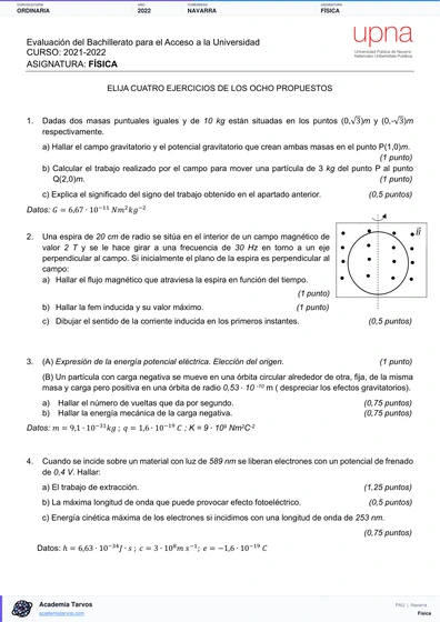 Vista previa de Examen PAU de Física de Navarra 2022 – Ordinaria
