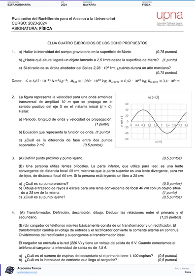 Vista previa de Examen PAU de Física de Navarra 2024 – Extraordinaria