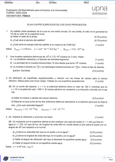 Vista previa de Examen PAU de Física de Navarra 2024 – Ordinaria