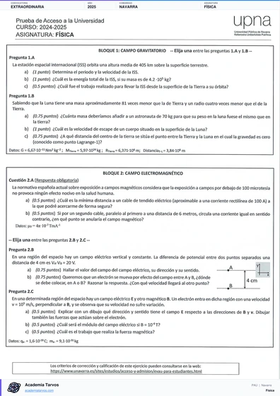 Vista previa de Examen PAU de Física de Navarra 2025 – Extraordinaria
