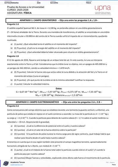 Vista previa de Examen PAU de Física de Navarra 2026 – Extraordinaria