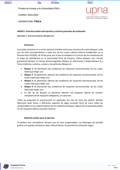 Vista previa de Modelo PAU de Física de Navarra 2026