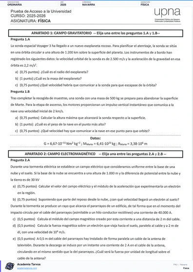 Vista previa de Examen PAU de Física de Navarra 2026 – Ordinaria