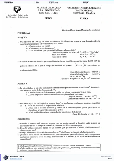 Vista previa de Examen PAU de Física de País Vasco 2001 – Ordinaria
