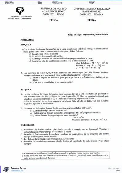 Vista previa de Examen PAU de Física de País Vasco 2002 – Ordinaria