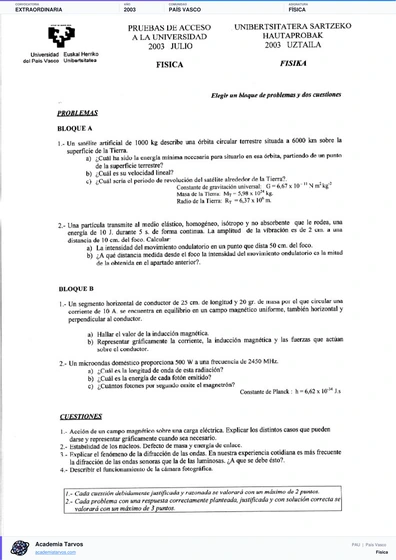 Vista previa de Examen PAU de Física de País Vasco 2003 – Extraordinaria