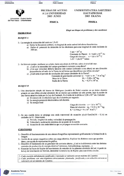 Vista previa de Examen PAU de Física de País Vasco 2003 – Ordinaria