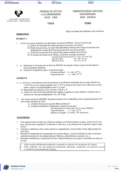 Vista previa de Examen PAU de Física de País Vasco 2004 – Extraordinaria