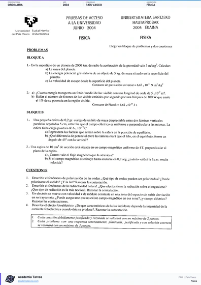 Vista previa de Examen PAU de Física de País Vasco 2004 – Ordinaria