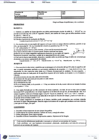 Vista previa de Examen PAU de Física de País Vasco 2005 – Extraordinaria