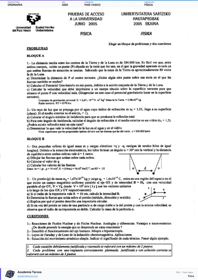 Vista previa de Examen PAU de Física de País Vasco 2005 – Ordinaria